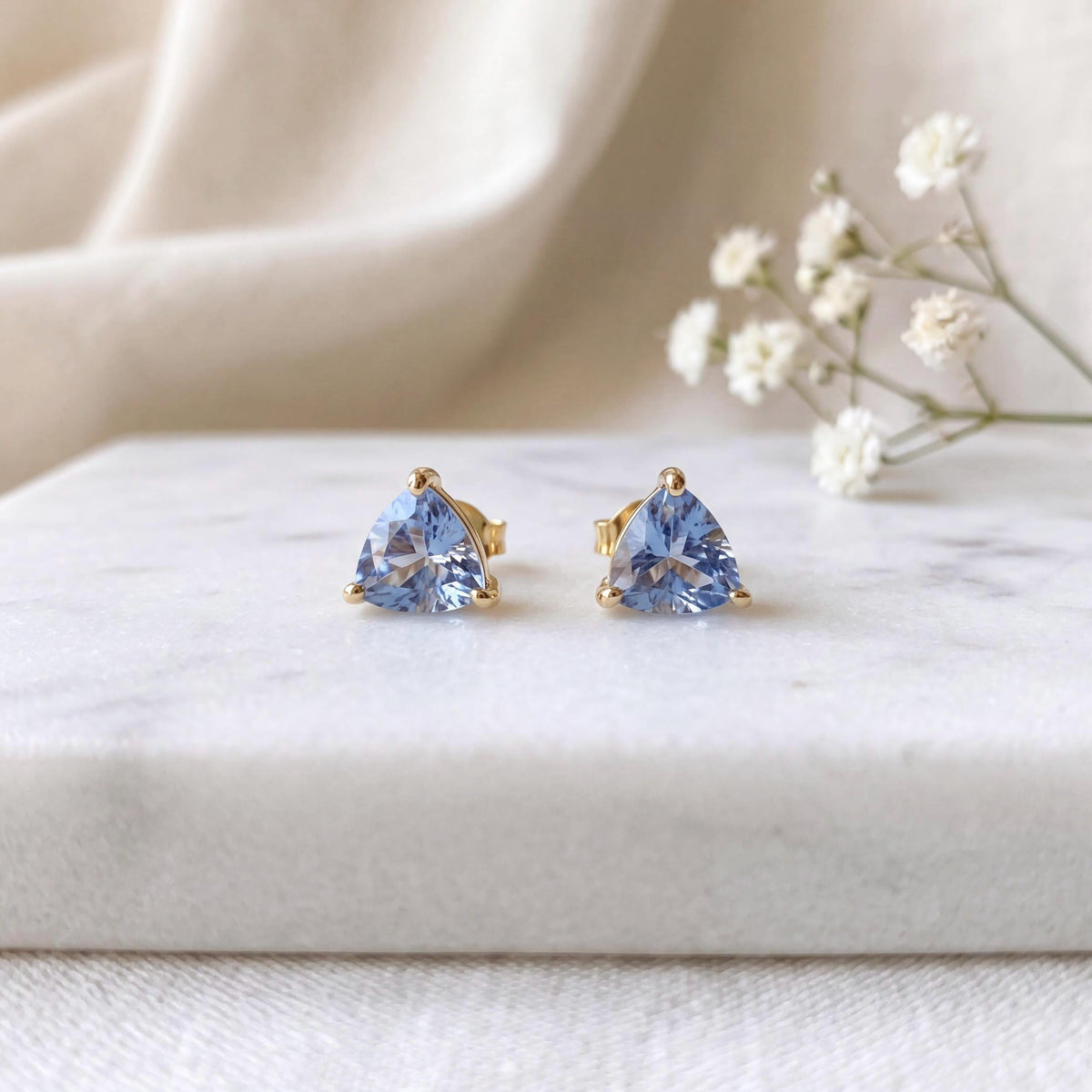Genuine Ceylon Sapphire Trillion Cut Stud Earrings, 14k Solid Yellow Gold, September Birthstone Gift
