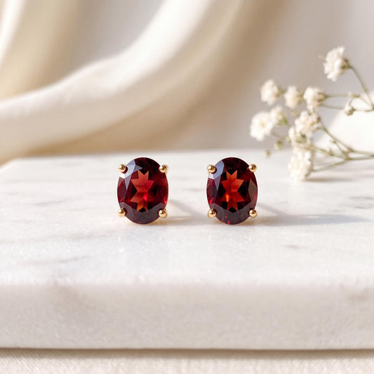 Genuine Garnet Oval Cut Mini Stud Earrings, 14k Solid Gold, January Birthstone Gift