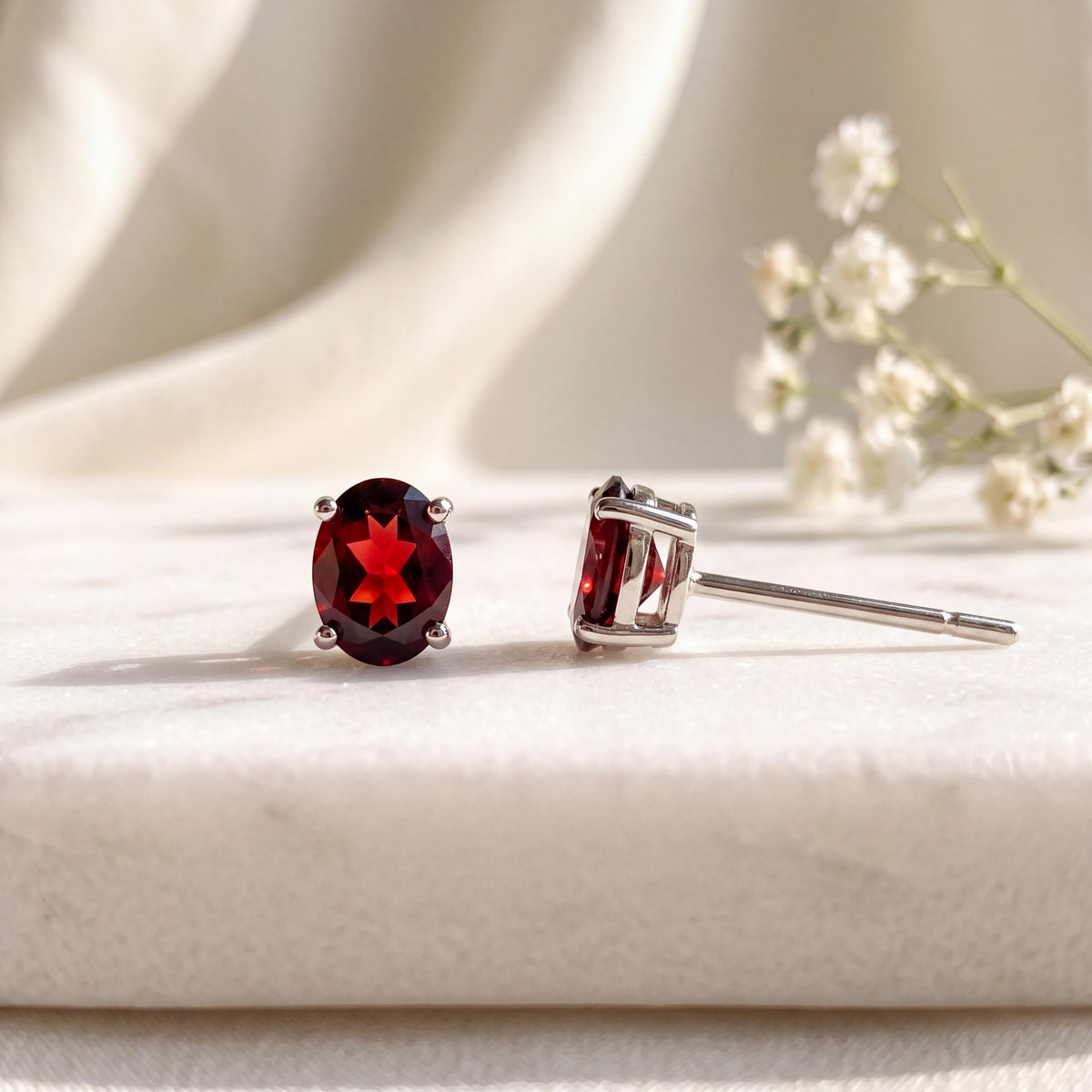 Genuine Garnet Oval Cut Mini Stud Earrings, 14k Solid Gold, January Birthstone Gift