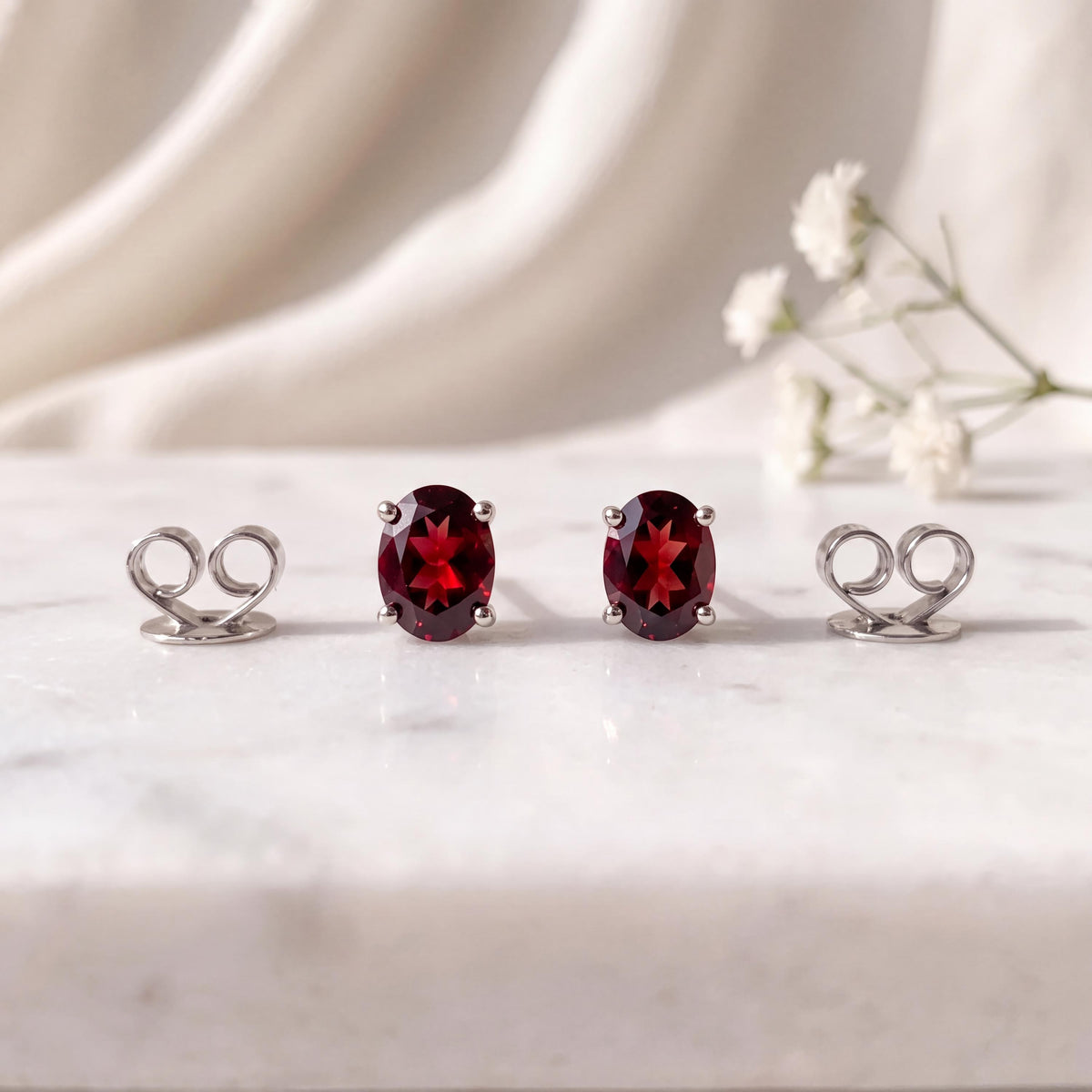 Genuine Garnet Oval Cut Mini Stud Earrings, 14k Solid Gold, January Birthstone Gift