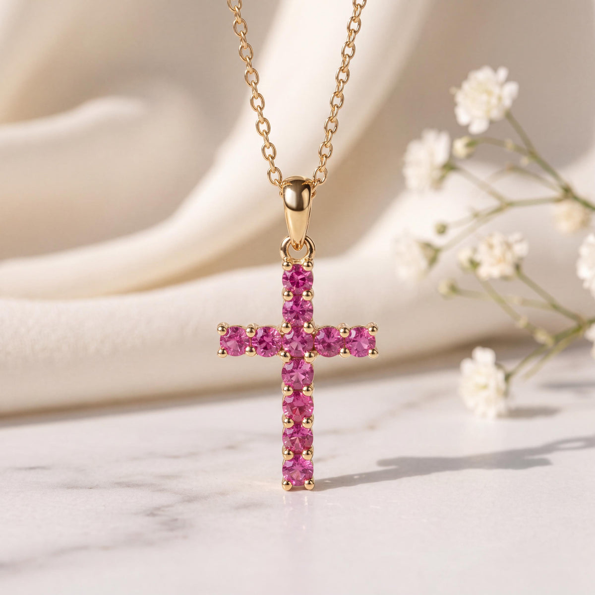 Genuine Deep Pink Sapphire Cross Pendant, Medium, 14k Solid Yellow Gold, September Birthstone