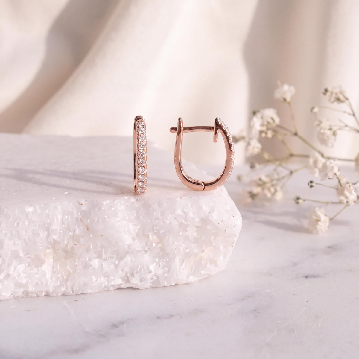 Genuine Dainty Diamond Latchback Hoop Earrings, 18k Solid Gold, April Birthstone Gift