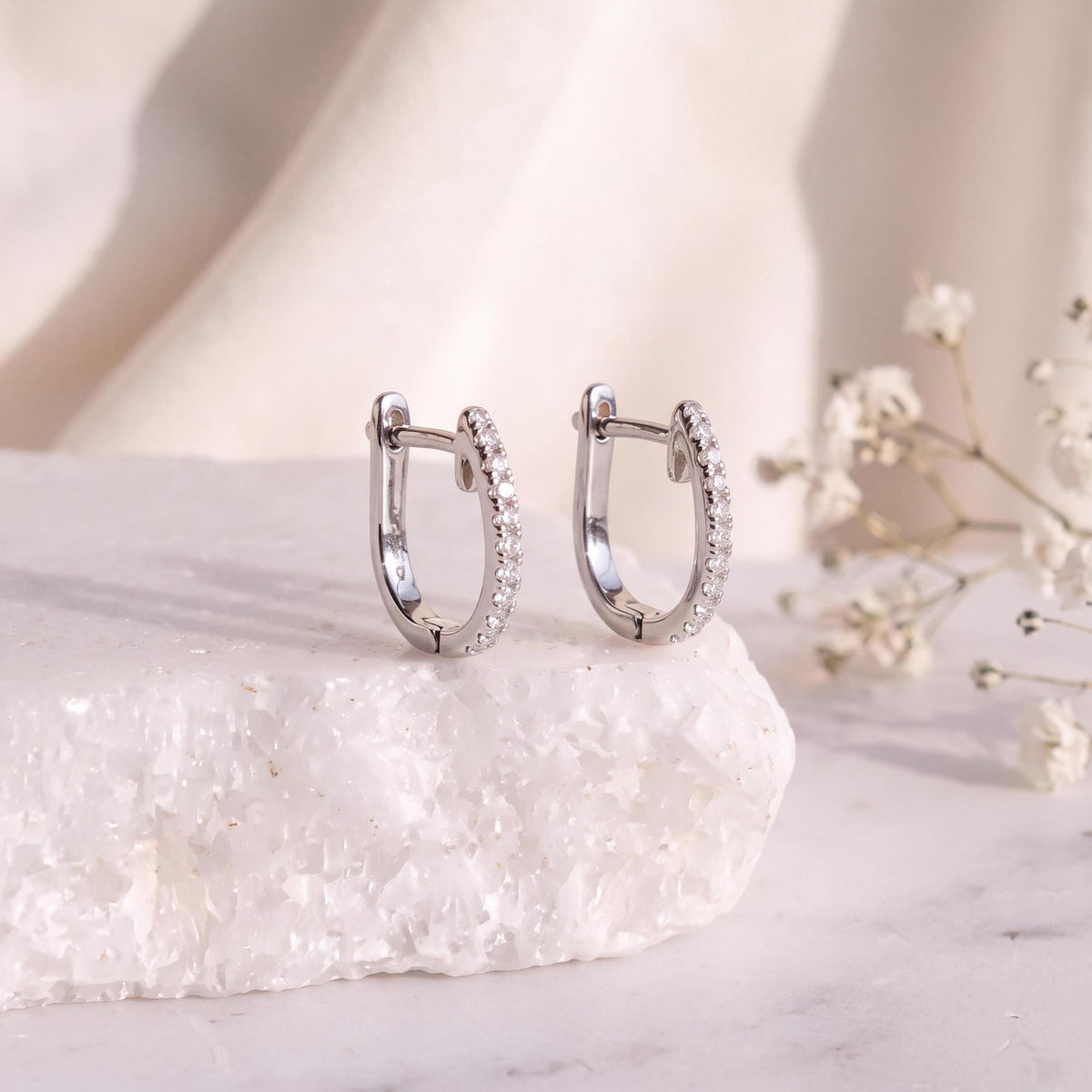 Genuine Dainty Diamond Latchback Hoop Earrings, 18k Solid Gold, April Birthstone Gift