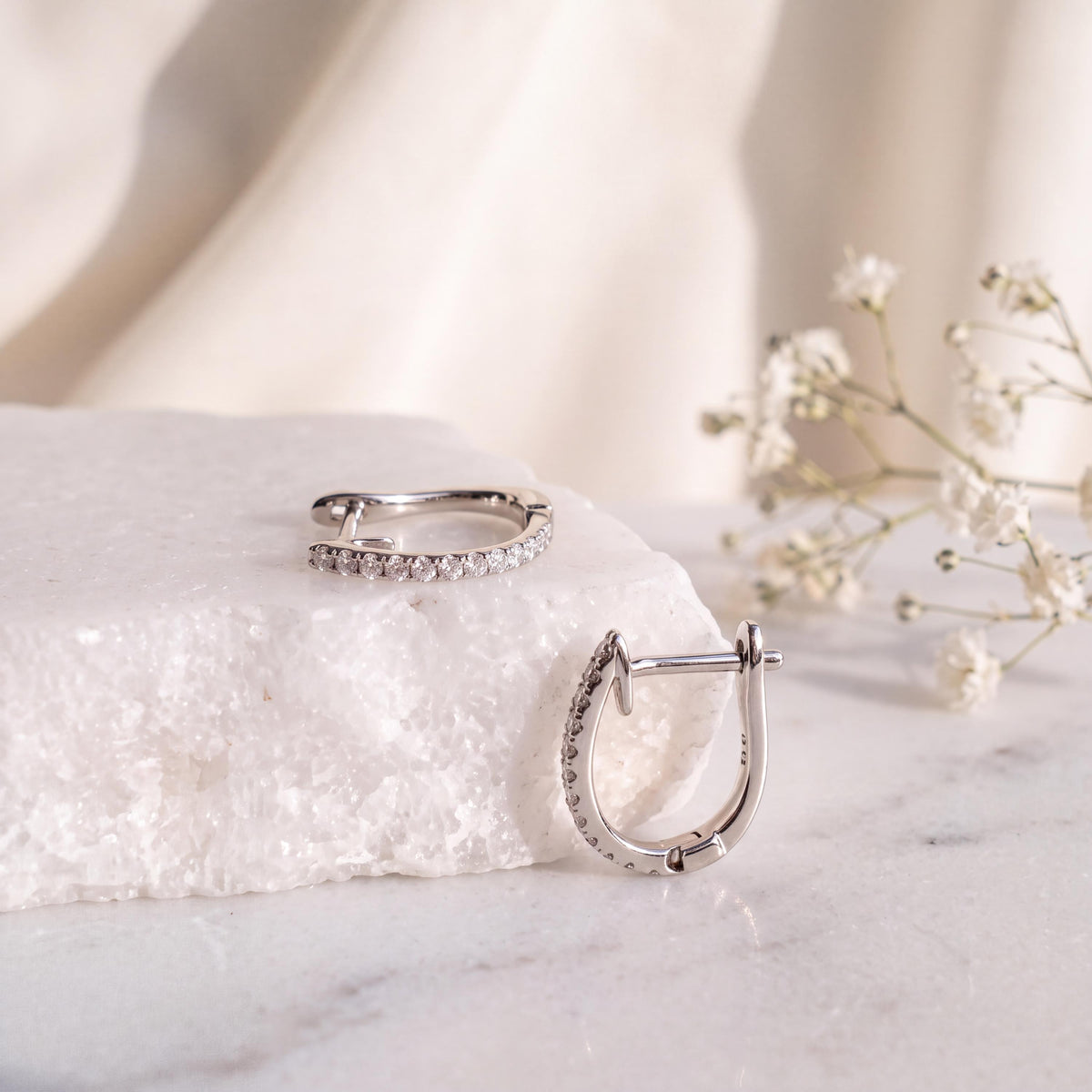 Genuine Dainty Diamond Latchback Hoop Earrings, 18k Solid Gold, April Birthstone Gift