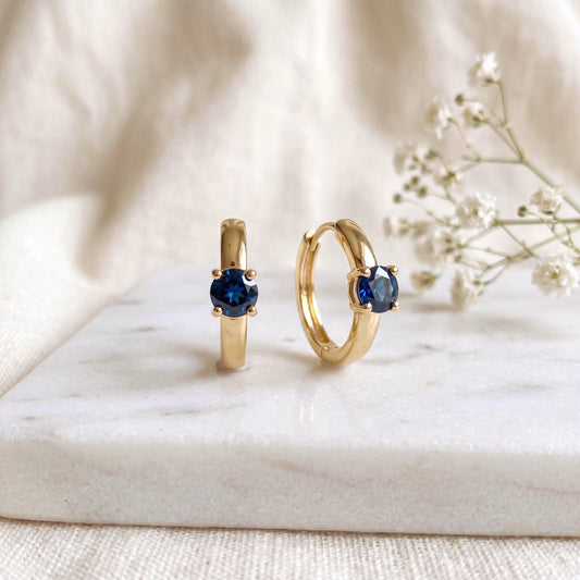 Genuine Dainty Sapphire Round Cut Huggie Hoop Earrings, 14k Solid Gold, September Birthstone Gift
