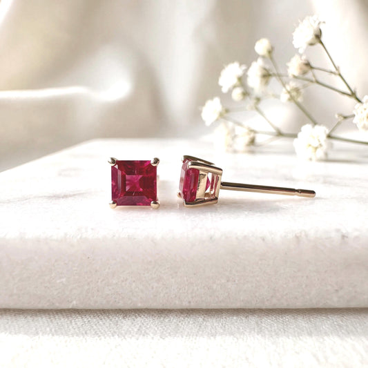 Genuine Ruby Princess Cut Stud Earrings / 14k Solid Gold