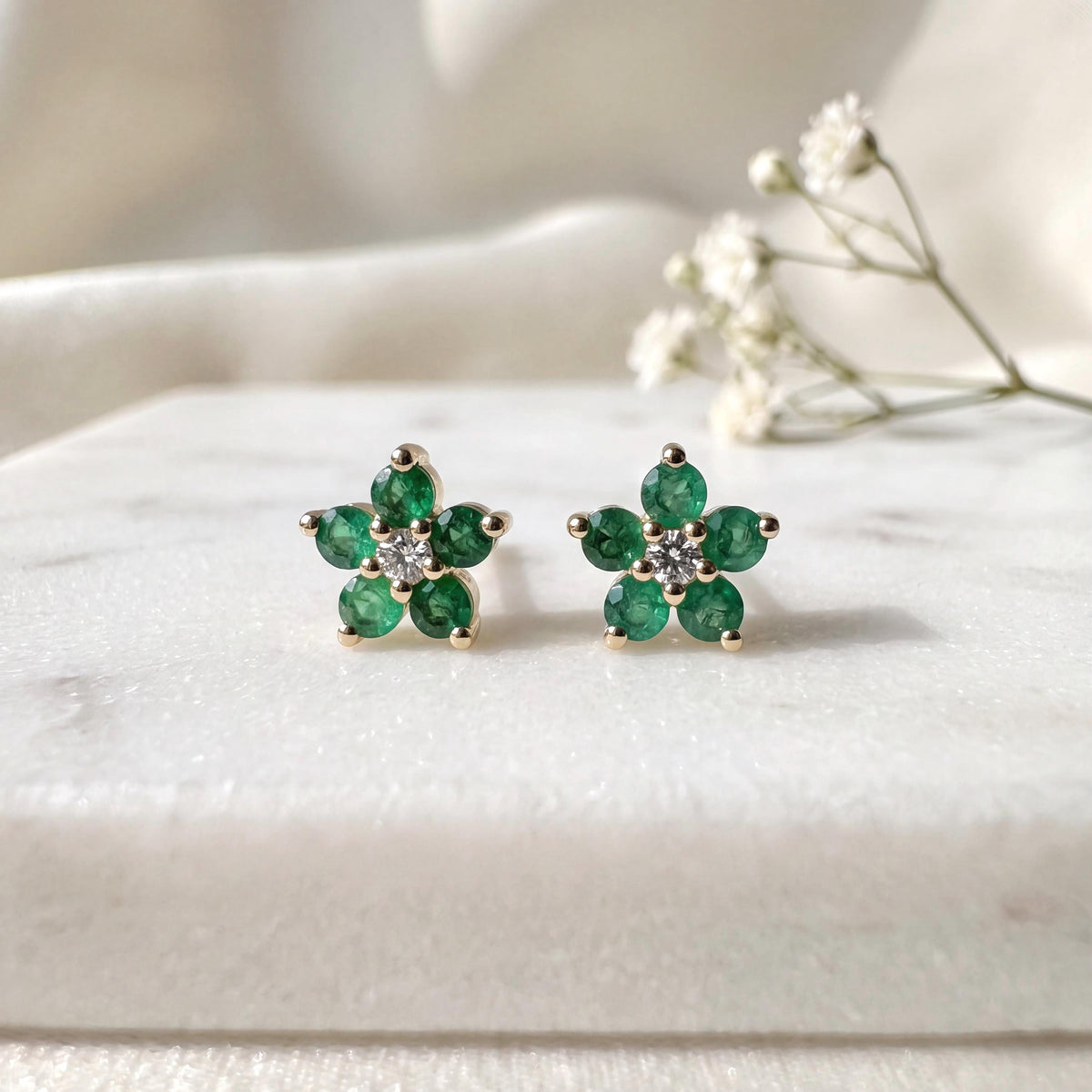 Genuine Emerald and Diamond Flower Stud Earrings / 14k Solid Gold
