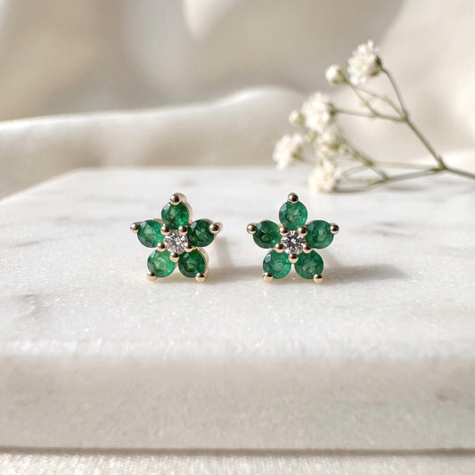 Genuine Emerald and Diamond Flower Stud Earrings / 14k Solid Gold
