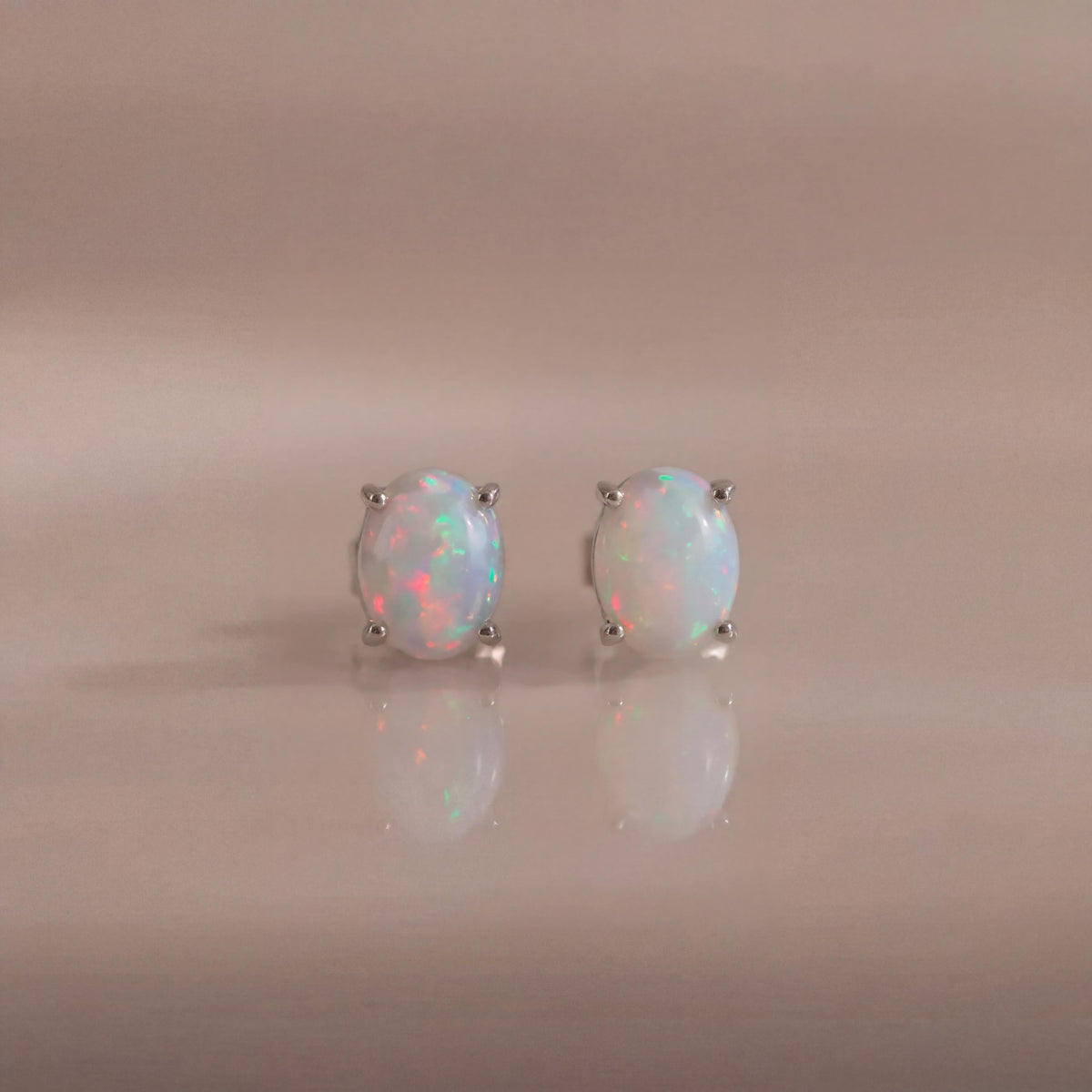 Genuine Opal Oval Cut Solitaire Stud Earrings in 14k Solid Gold