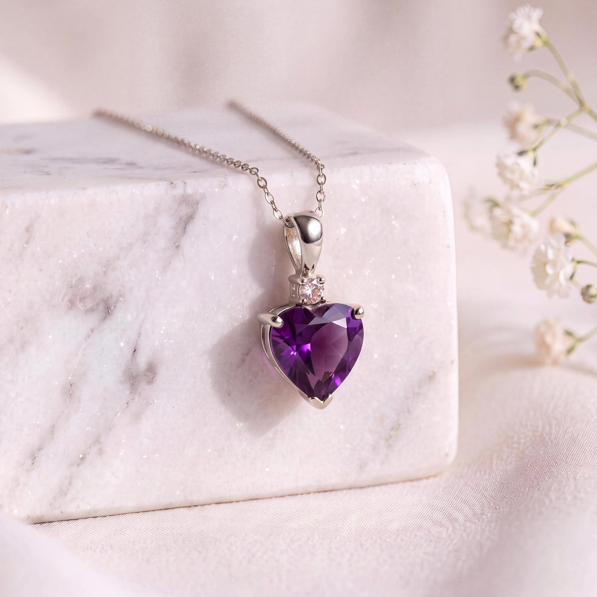 Genuine Amethyst and Diamond Heart Pendant, 14k Solid Gold, February Birthstone, Gift for Her