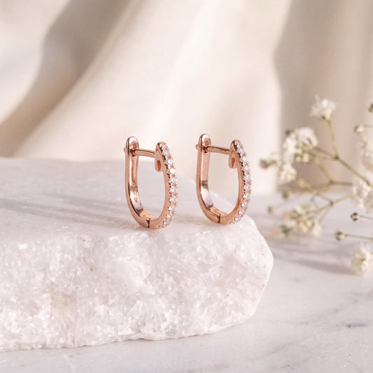 Genuine Dainty Diamond Latchback Hoop Earrings, 18k Solid Gold, April Birthstone Gift