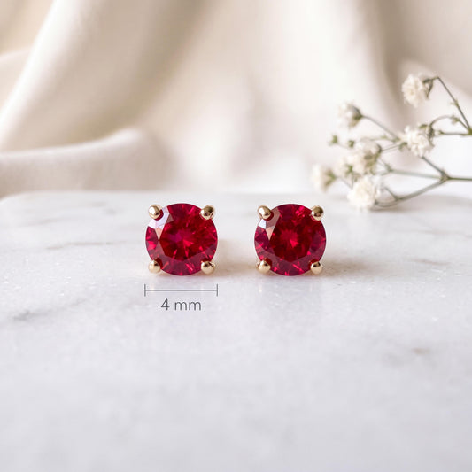 Genuine Ruby Solitaire Stud Earrings, 4mm Round Cut, 14k Yellow Gold, July Birthstone Gift