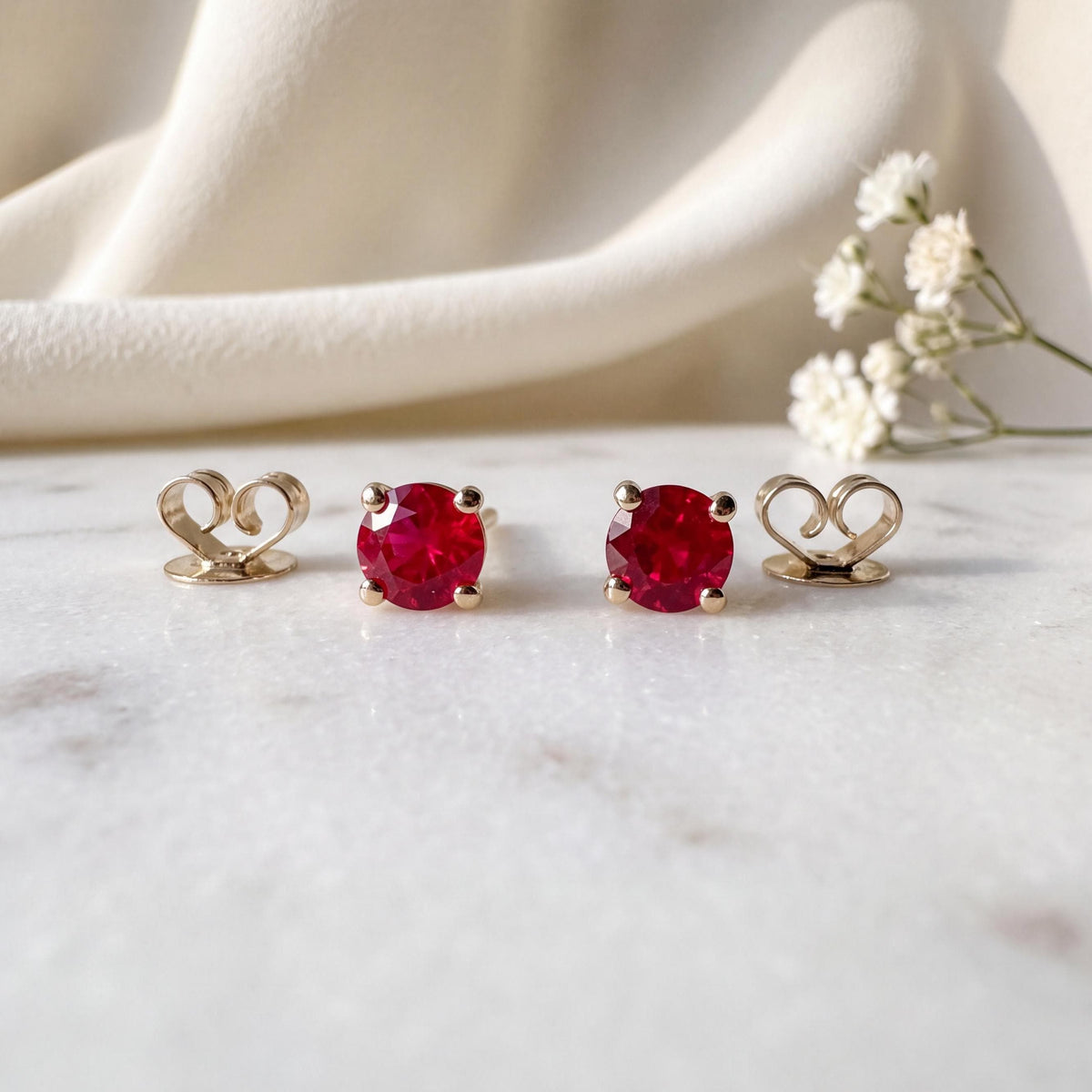 Genuine Ruby Solitaire Stud Earrings, 4mm Round Cut, 14k Yellow Gold, July Birthstone Gift