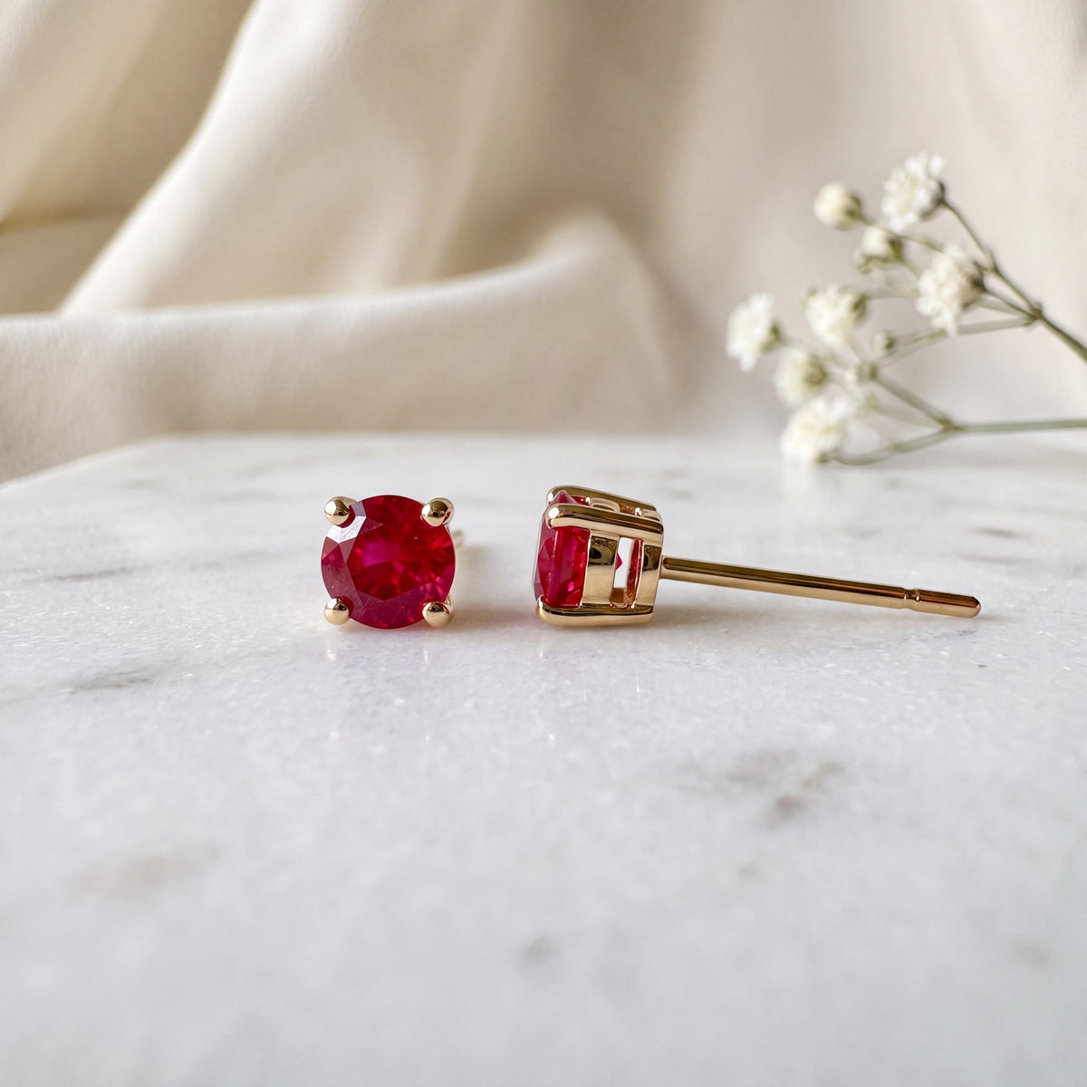 Genuine Ruby Solitaire Stud Earrings, 4mm Round Cut, 14k Yellow Gold, July Birthstone Gift