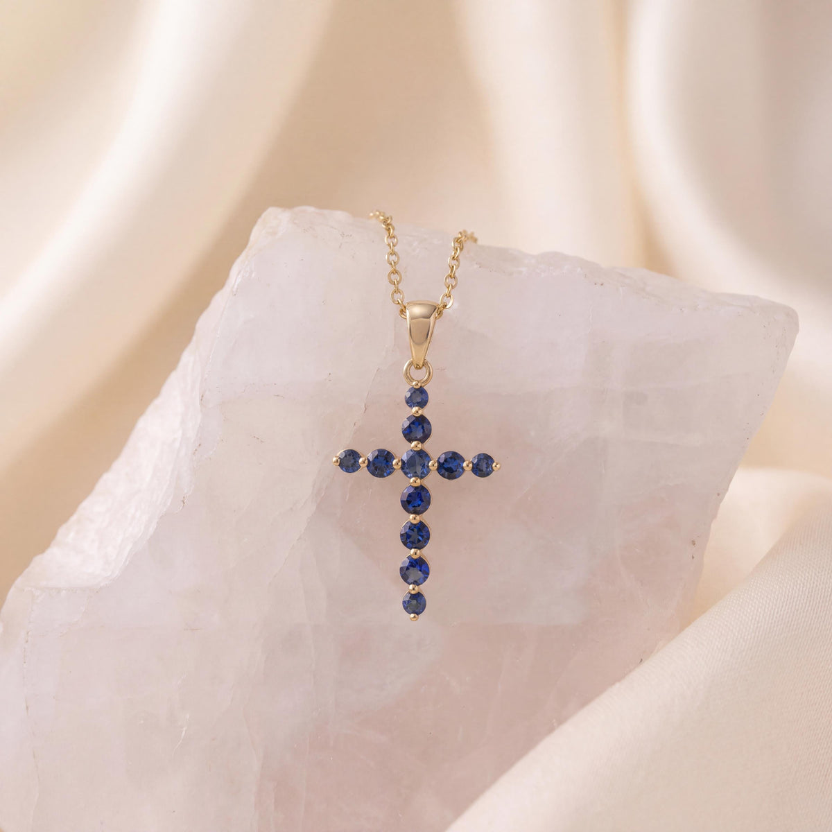 Genuine Sapphire Round Cut Cross Pendant | 14k Solid Gold