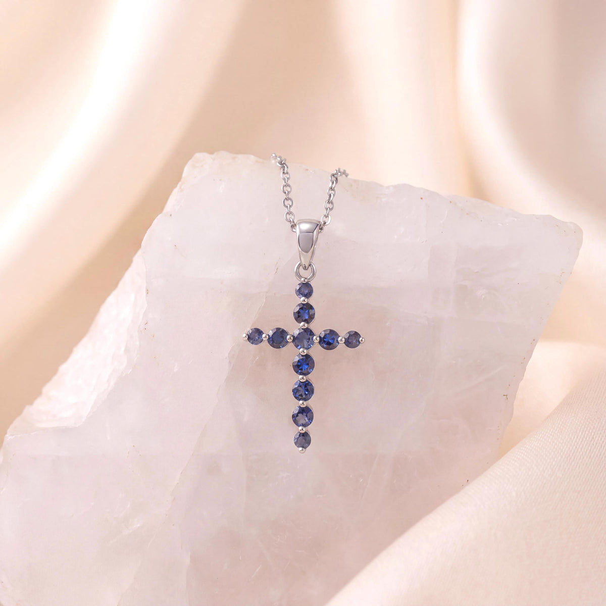 Genuine Sapphire Round Cut Cross Pendant | 14k Solid Gold