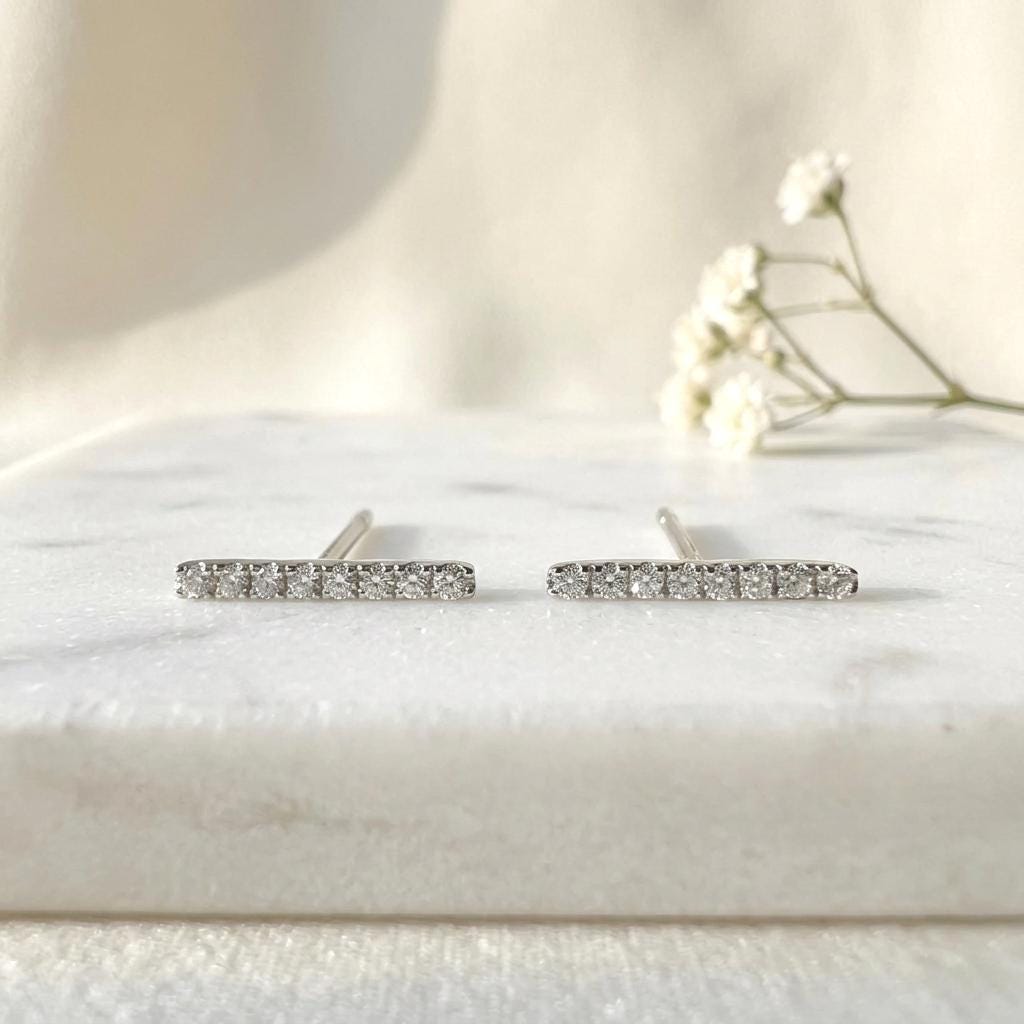 14k Solid Gold Diamond Bar Stud Earrings, April Birthstone, Everyday Wear