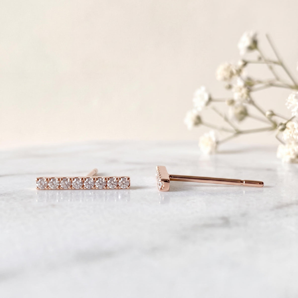 14k Solid Gold Diamond Bar Stud Earrings, April Birthstone, Everyday Wear