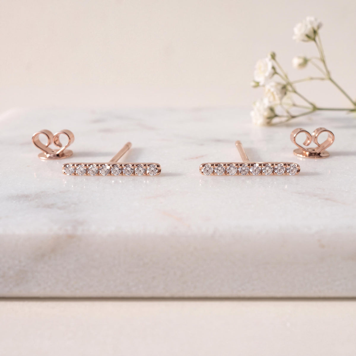 14k Solid Gold Diamond Bar Stud Earrings, April Birthstone, Everyday Wear