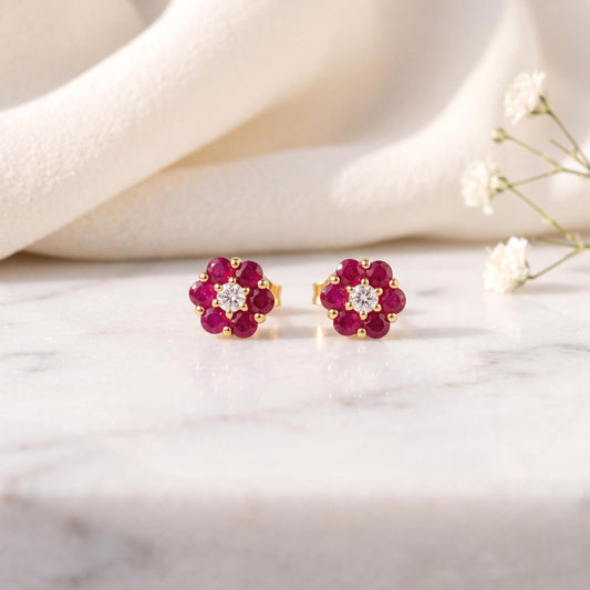 Genuine Ruby and Diamond Round Cut Flower Stud Earrings, 14k Solid Gold, July Birthstone Gift