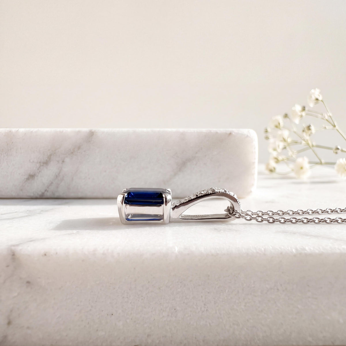 14k Solid White Gold, Natural Radiant Cut Sapphire and Diamond Pendant, September Birthstone, Gift for Her
