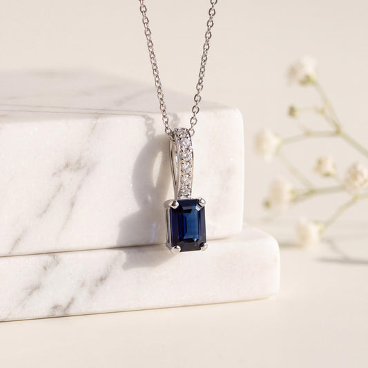14k Solid White Gold, Natural Radiant Cut Sapphire and Diamond Pendant, September Birthstone, Gift for Her