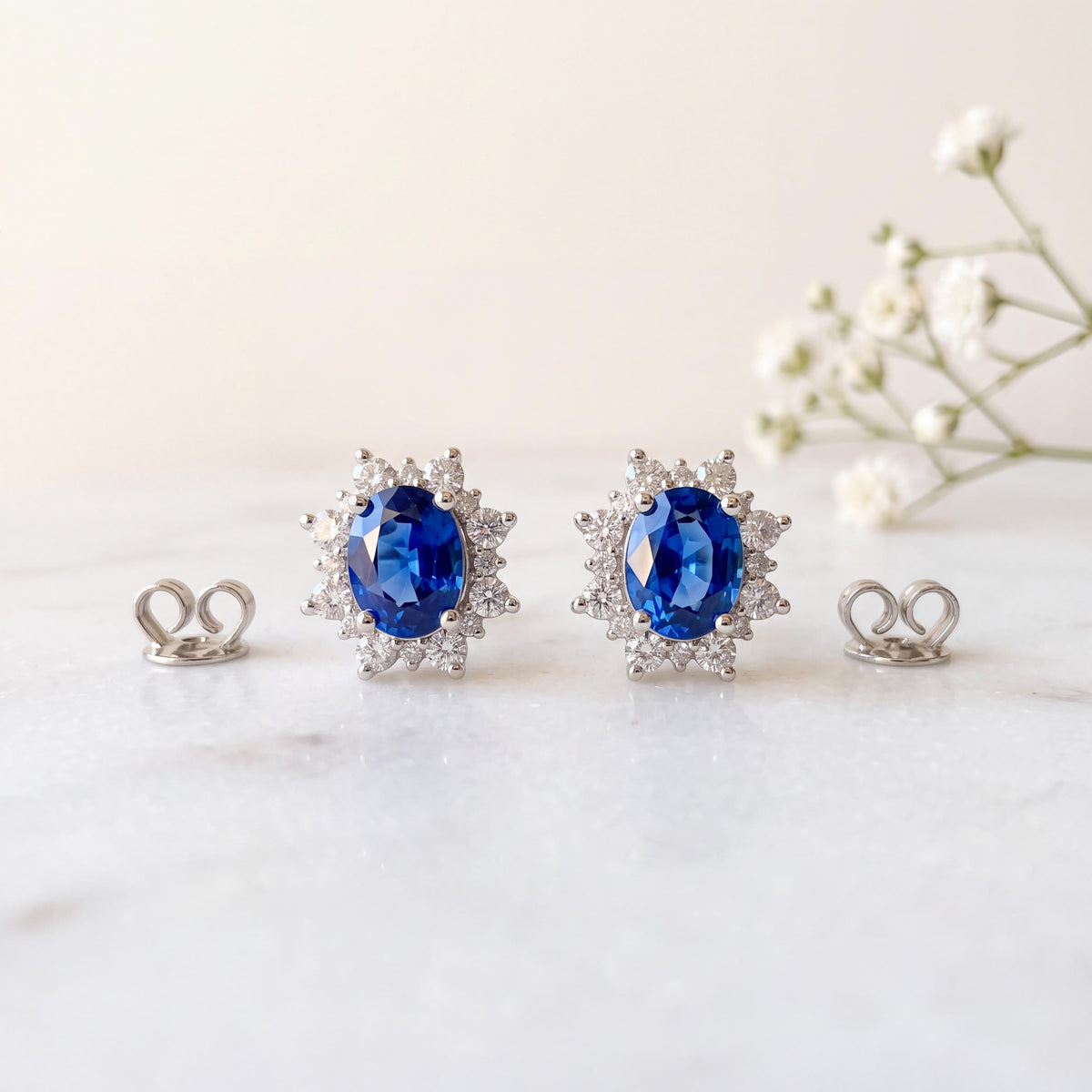 Natural Sapphire Diamond Flower Earrings, 14k White Gold, September Birthstone Bridal Studs