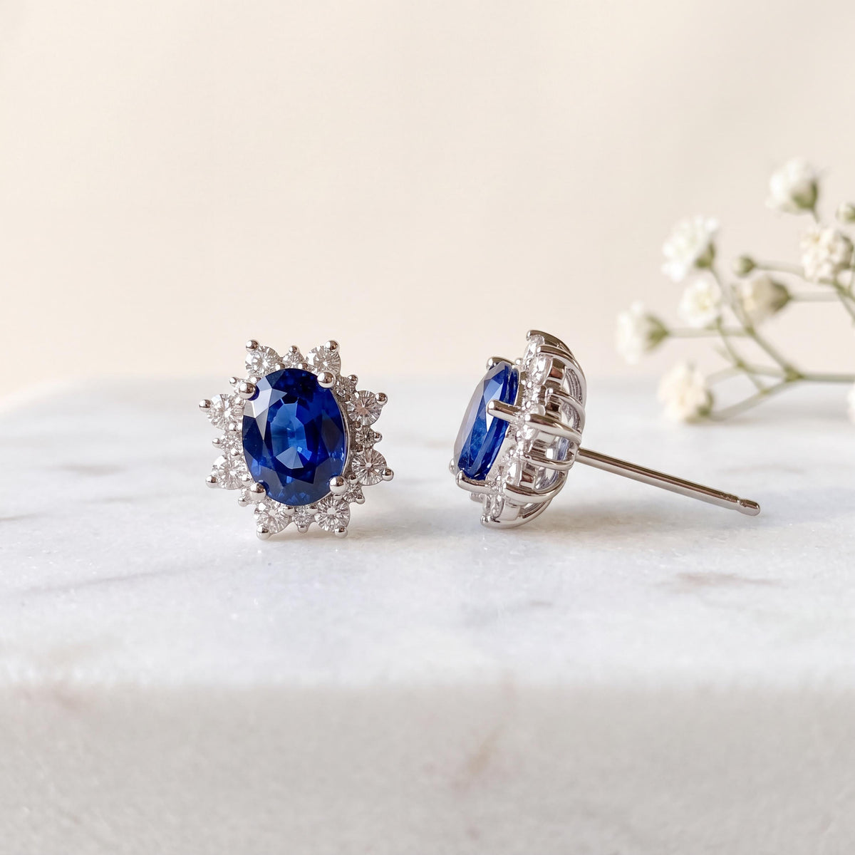 Natural Sapphire Diamond Flower Earrings, 14k White Gold, September Birthstone Bridal Studs