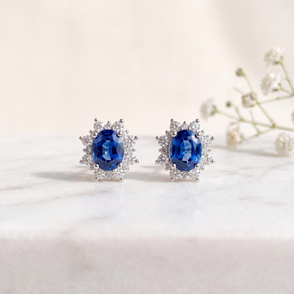 Natural Sapphire Diamond Flower Earrings, 14k White Gold, September Birthstone Bridal Studs