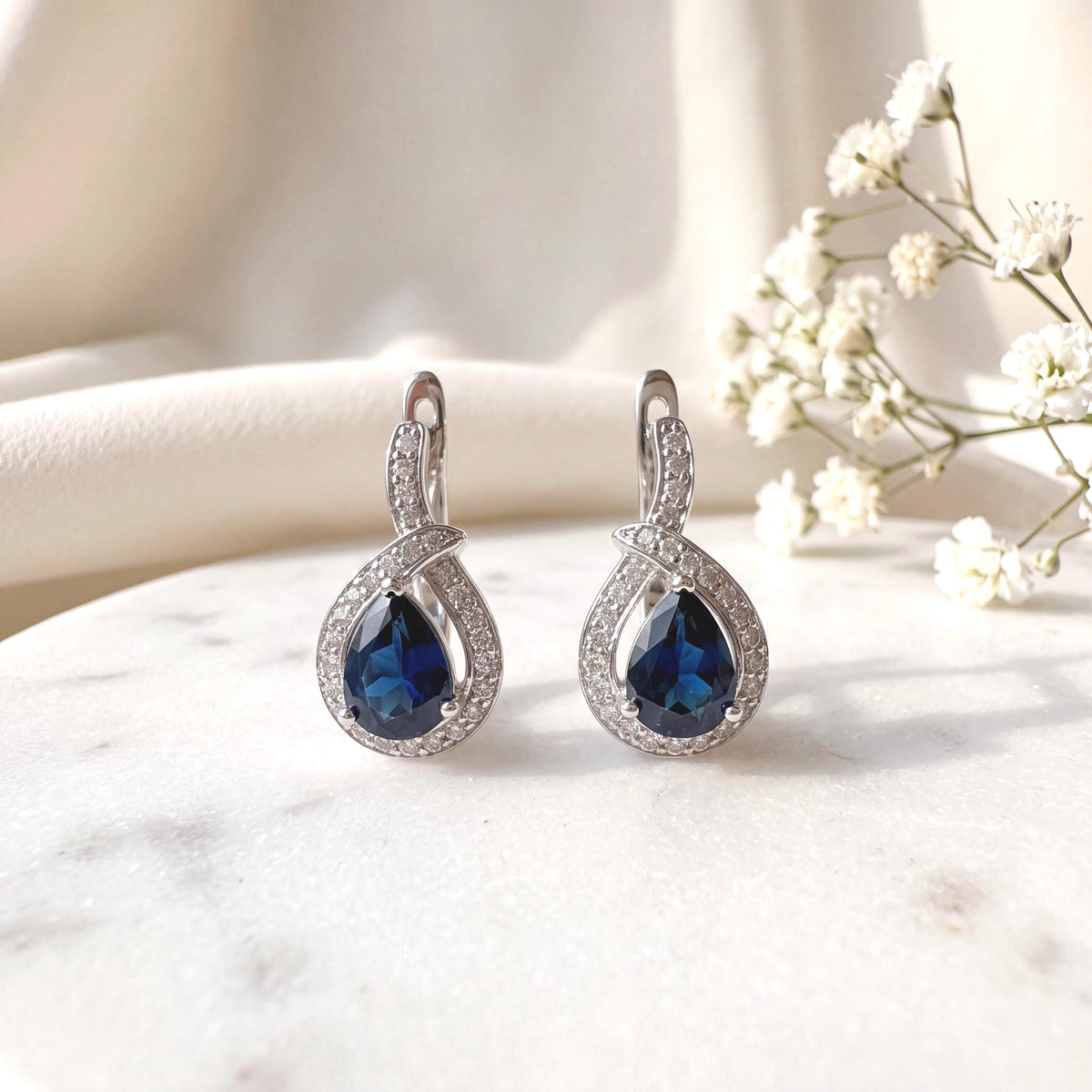 14k Solid White Gold Teardrop Hoop Earrings, Sapphire & Diamond, September Birthstone Gift