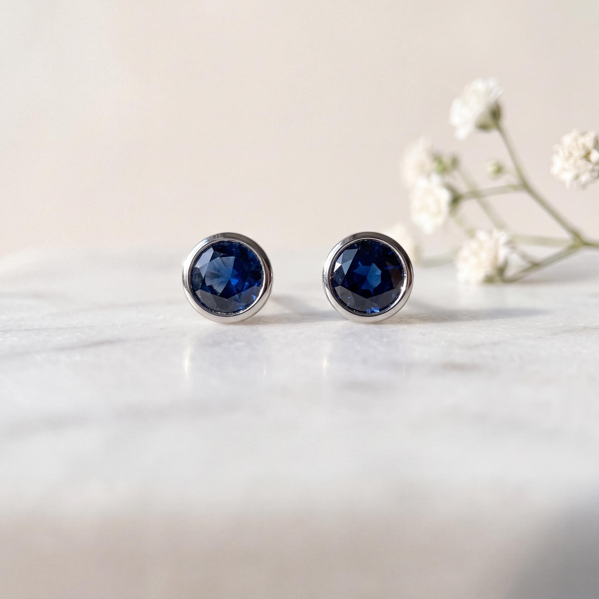 14k Solid Gold Round Sapphire Bezel Stud Earrings, 4.5mm, September Birthstone