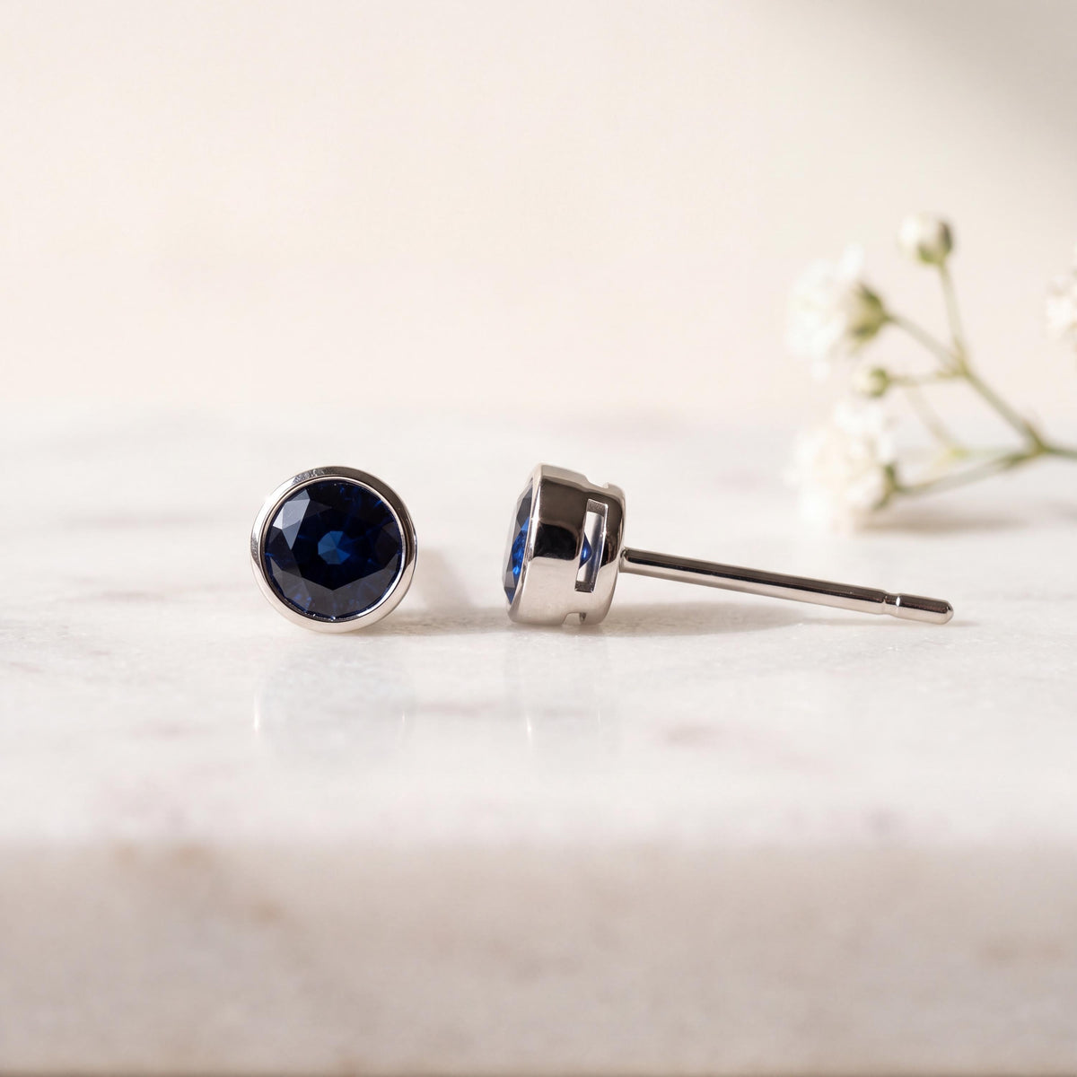 14k Solid Gold Round Sapphire Bezel Stud Earrings, 4.5mm, September Birthstone