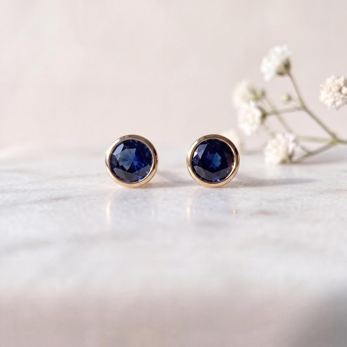 14k Solid Gold Round Sapphire Bezel Stud Earrings, 4.5mm, September Birthstone