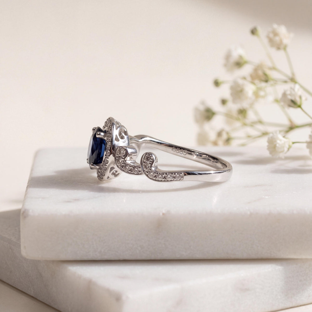 14k Solid White Gold Natural Oval Sapphire Swirl Diamond Halo Ring, September Birthstone