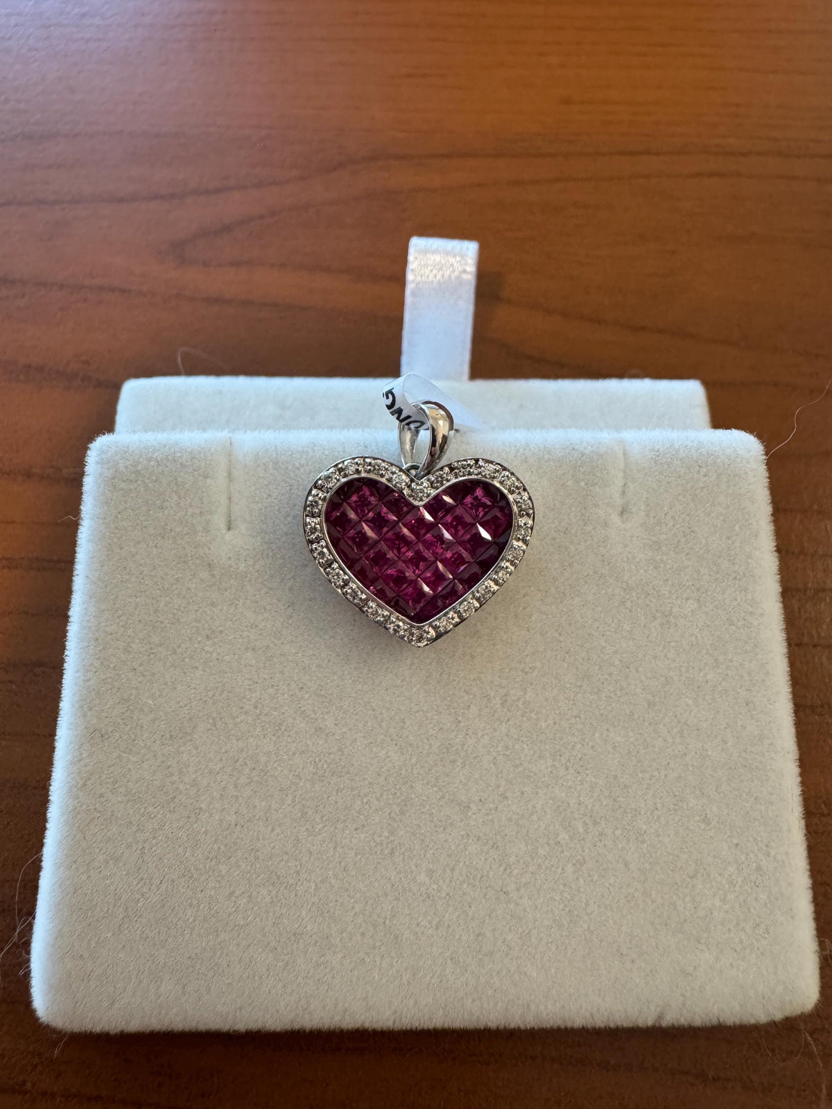 Genuine Invisible Cut Ruby Heart Pavé Pendant, 18k White Gold