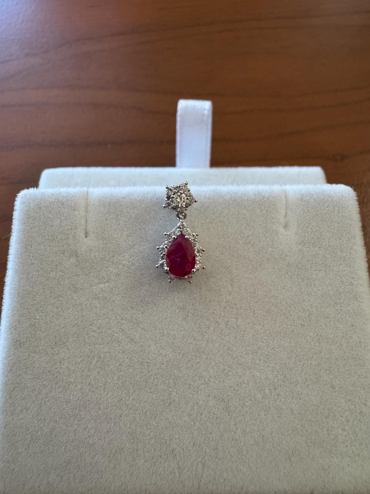 Genuine Baby Teardrop Ruby and Diamond Pendant in 18k Solid White Gold