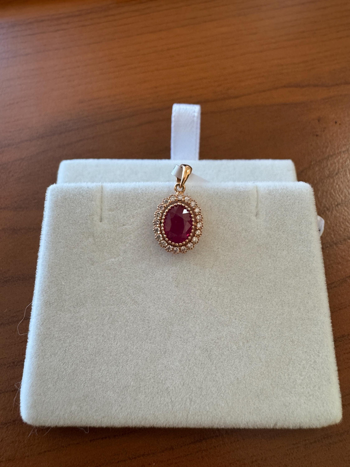Genuine Oval Ruby and Diamond Beaded Halo Pendant in 18k Solid Rose Gold