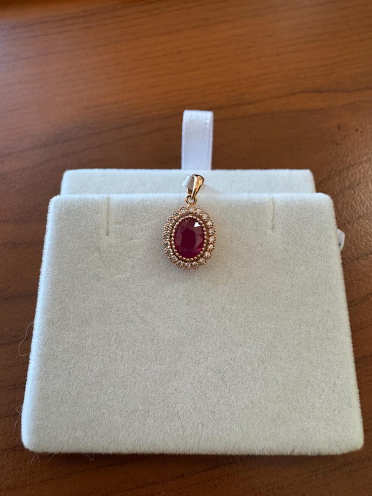 Genuine Oval Ruby and Diamond Beaded Halo Pendant in 18k Solid Rose Gold