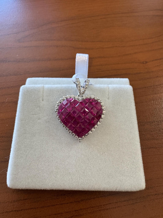 Genuine Invisible Cut Ruby Heart Pavé Pendant, 18k White Gold
