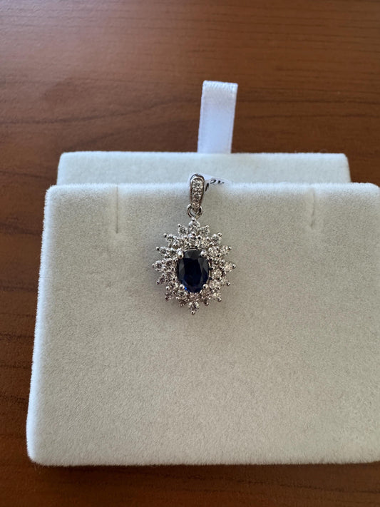18k White Gold Sapphire and Diamond Solaris Double Halo Pendant, September Birthstone Jewelry