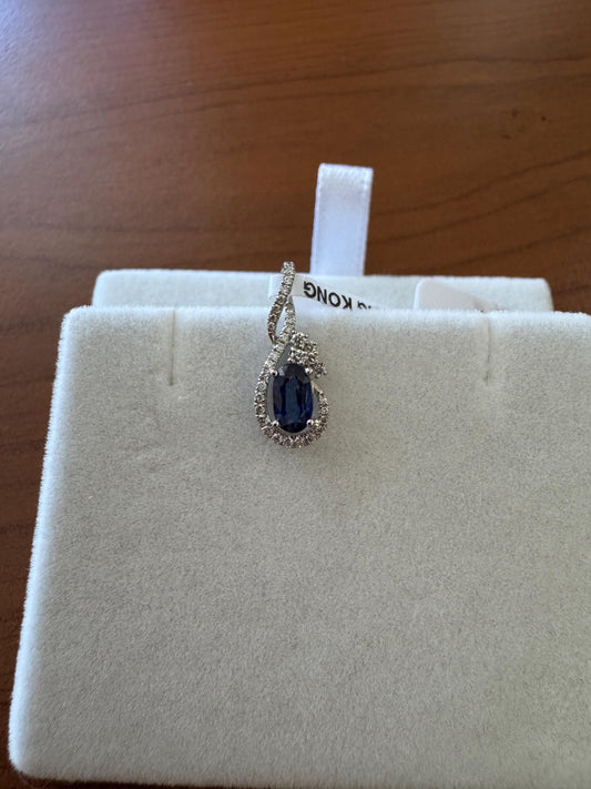 Genuine Teardrop Sapphire and Diamond Pendant in 18k Solid White Gold