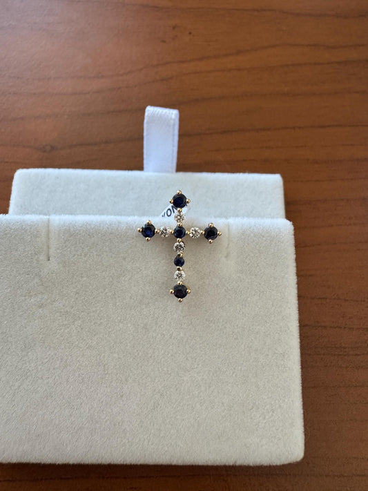 18k Yellow Gold Sapphire and Diamond Oval Cross Pendant, September Birthstone Jewelry