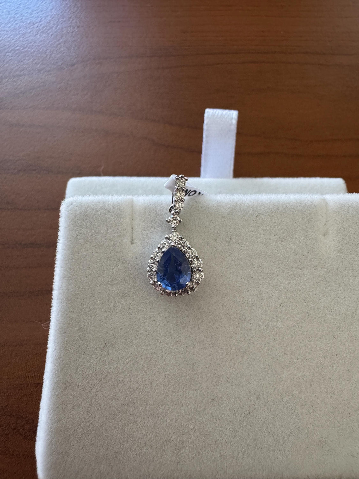 Genuine Teardrop Sapphire and Diamond Pendant in 18k Solid White Gold