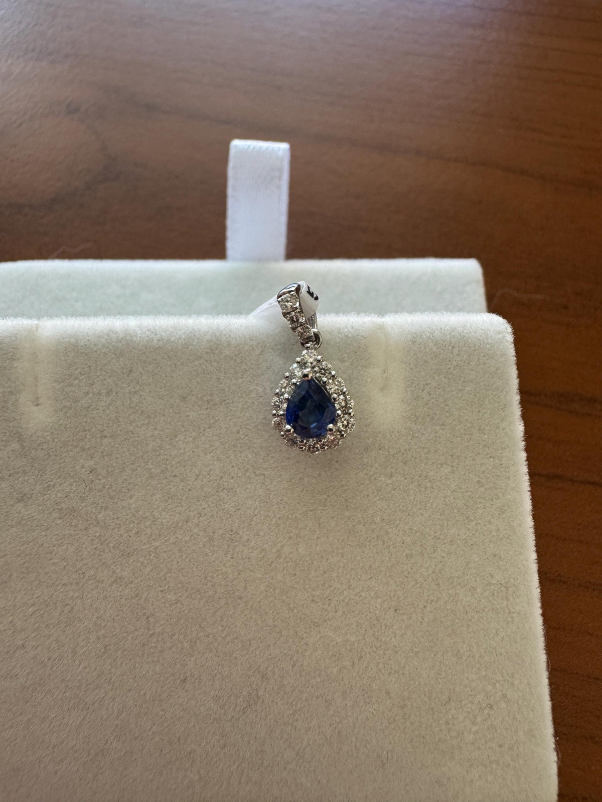 Genuine Mini Teardrop Sapphire and Diamond Pendant in 18k Solid White Gold