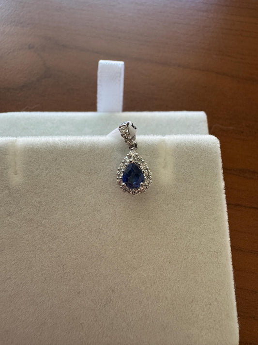 Genuine Mini Teardrop Sapphire and Diamond Pendant in 18k Solid White Gold