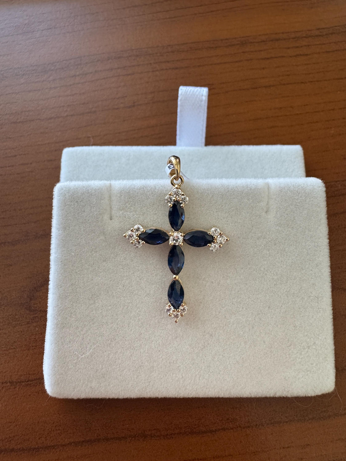 Genuine Oval Sapphire and Diamond Mega Cross Pendant in 18k Solid Yellow Gold