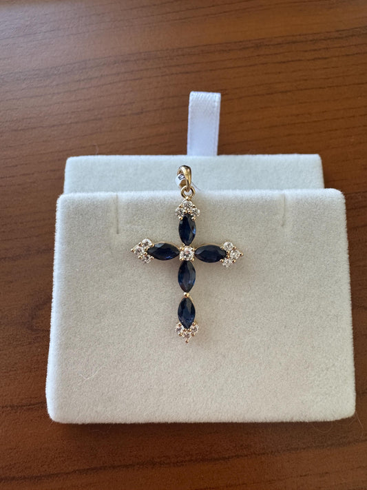 Genuine Oval Sapphire and Diamond Mega Cross Pendant in 18k Solid Yellow Gold