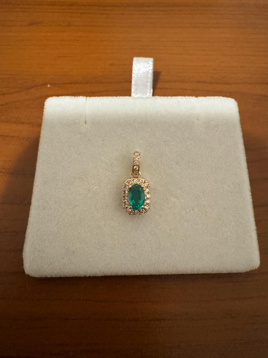 Genuine Oval Emerald and Diamond Halo Pendant, 18k Solid Yellow Gold, May Birthstone, Gift for Her