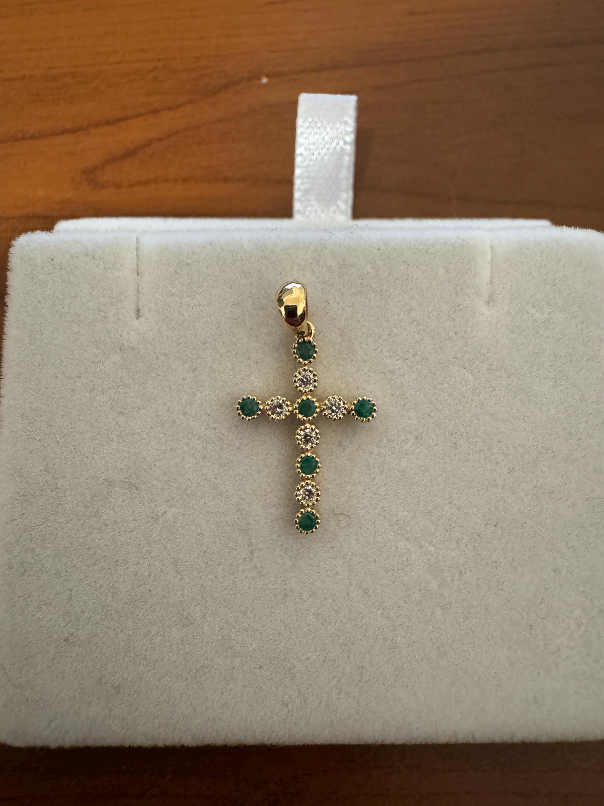Genuine Emerald and Diamond Beaded Cross Pendant in 18k Solid Yellow Gold