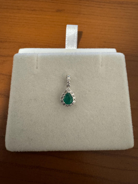 Genuine Mini Teardrop Emerald and Diamond Pendant in 18k Solid White Gold